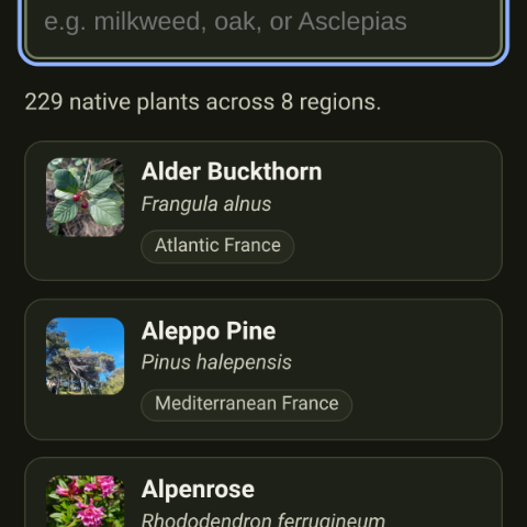 The plants list, every row opening with a photograph of the species