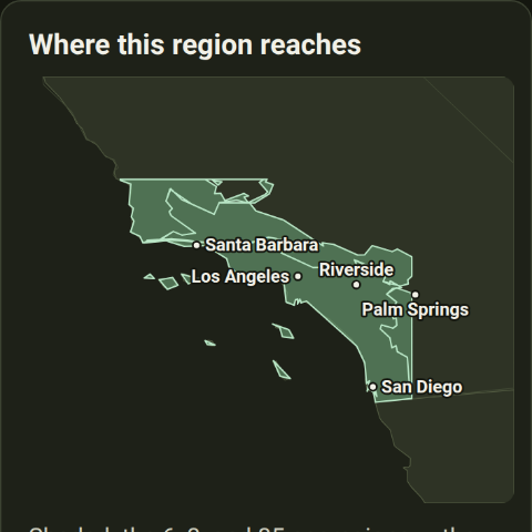 The Southern California region map: the coast and valleys shaded from Santa Barbara to San Diego, with Palm Springs outside it